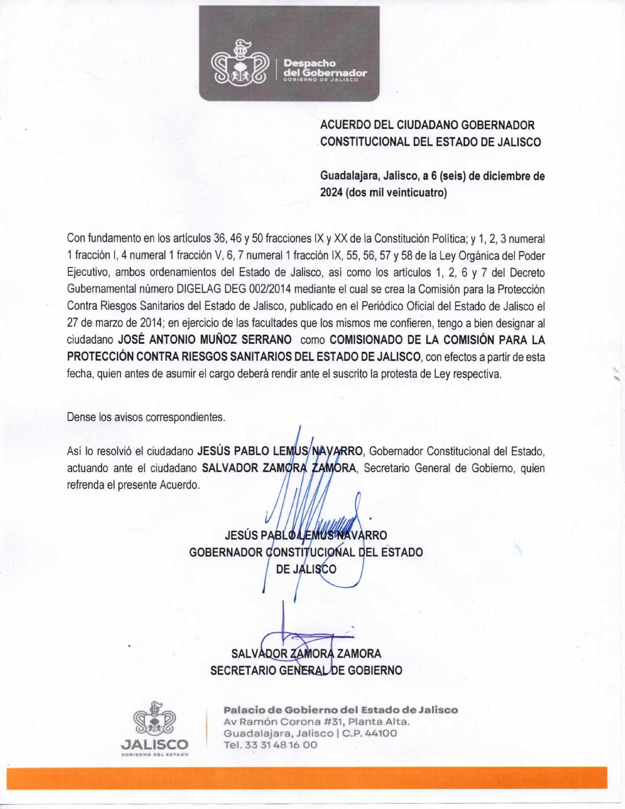 Acuerdo firmado por el gobernador de Jalisco Pablo Lemus